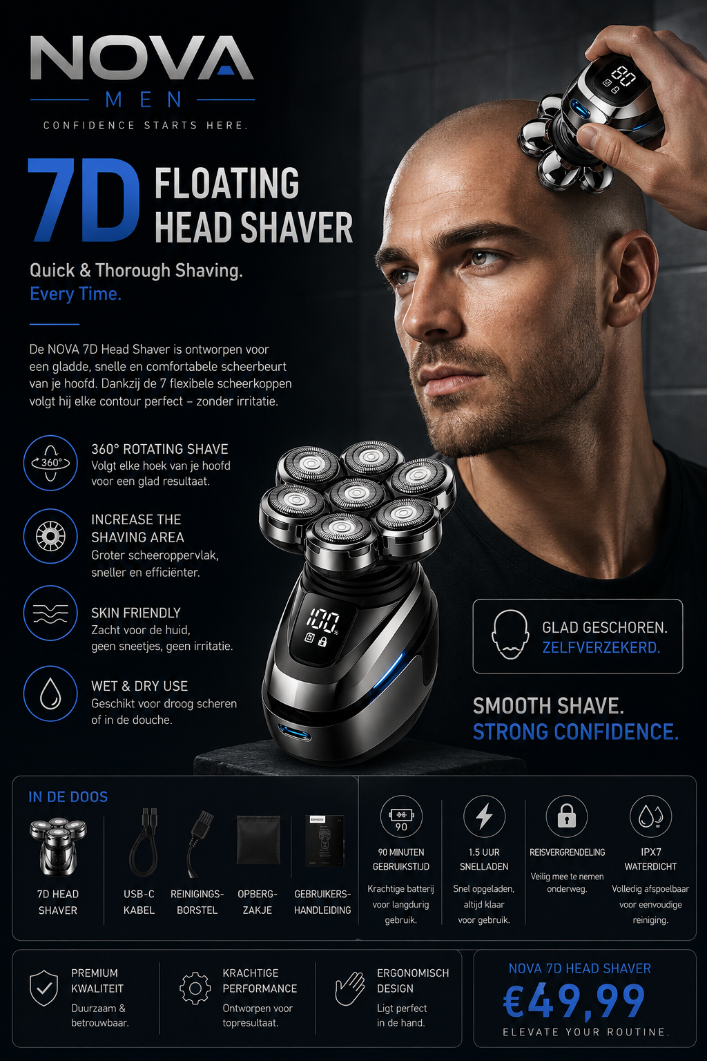 Nova 5-in-1 Elektrisch Scheerapparaat voor Mannen – Kale Hoofdtrimmer, Haartrimmer, Neustrimmer, 7 Zwevende Scheerkoppen, Oplaadbaar Baard- en Scheerapparaat