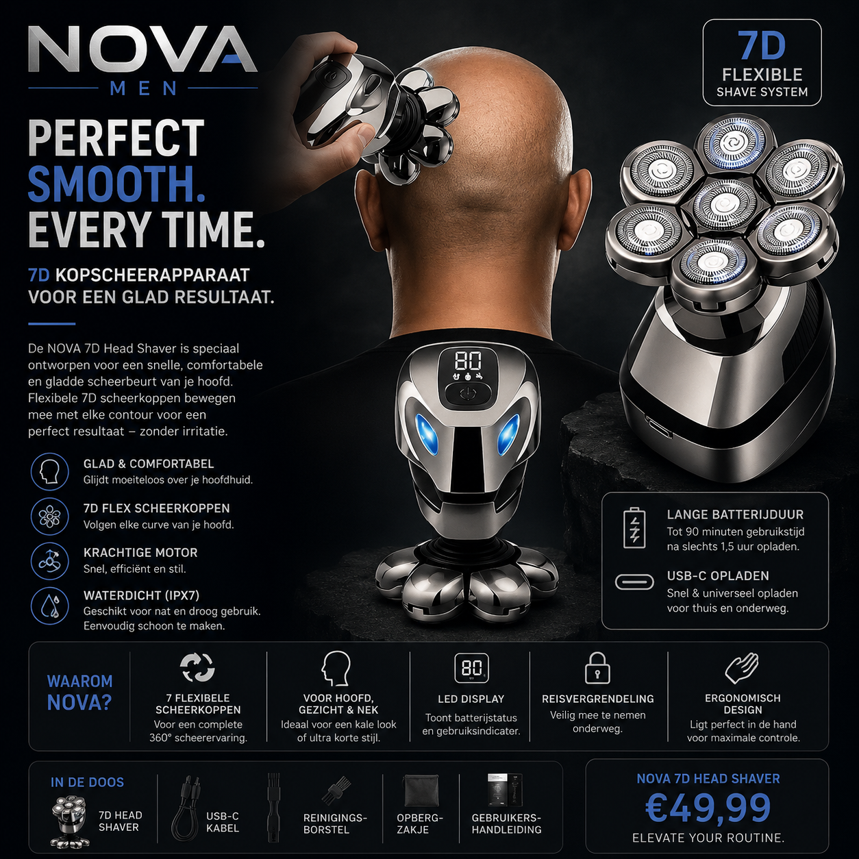 Nova 5-in-1 Elektrisch Scheerapparaat voor Mannen – Kale Hoofdtrimmer, Haartrimmer, Neustrimmer, 7 Zwevende Scheerkoppen, Oplaadbaar Baard- en Scheerapparaat